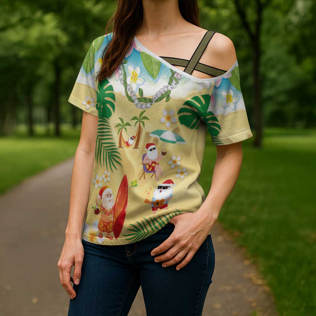 Hawaiian Mele Kalikimaka Cross Shoulder Shirt Tropical Plumeria and Lei Funny Santa Beach - Polynesian Pride