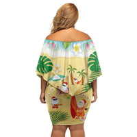 Hawaiian Mele Kalikimaka Family Matching Off Shoulder Short Dress and Hawaiian Shirt Tropical Plumeria and Lei Funny Santa Beach - Polynesian Pride