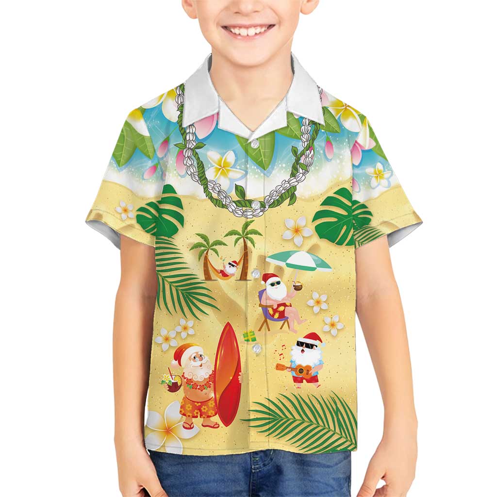 Hawaiian Mele Kalikimaka Family Matching Off Shoulder Short Dress and Hawaiian Shirt Tropical Plumeria and Lei Funny Santa Beach - Polynesian Pride