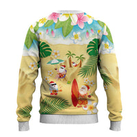 Hawaiian Mele Kalikimaka Ugly Christmas Sweater Funny Santa Claus on Beach with Tropical Plants and Lei - Polynesian Pride