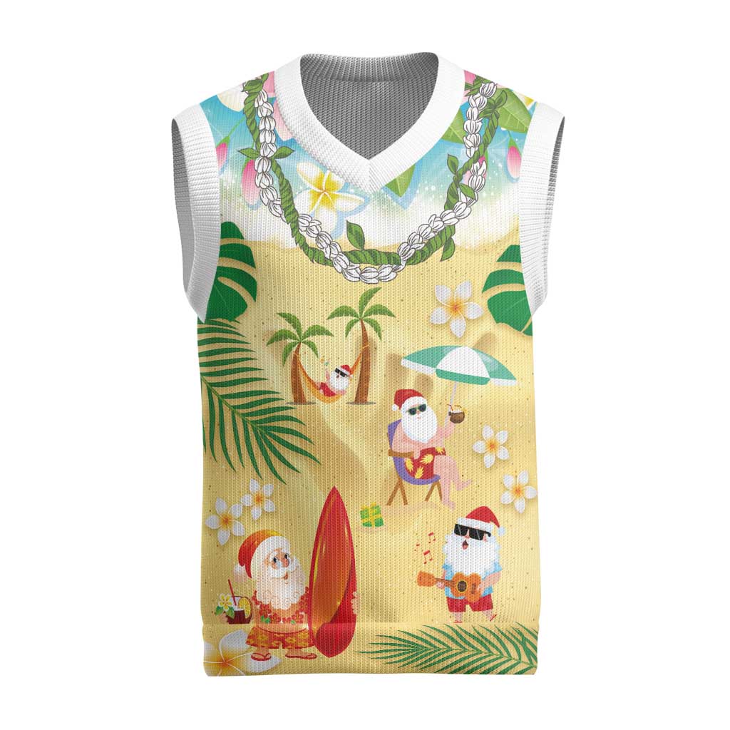 Hawaiian Mele Kalikimaka Christmas Knitted V-Neck Vest Funny Santa Claus on Beach with Tropical Plants and Lei - Polynesian Pride