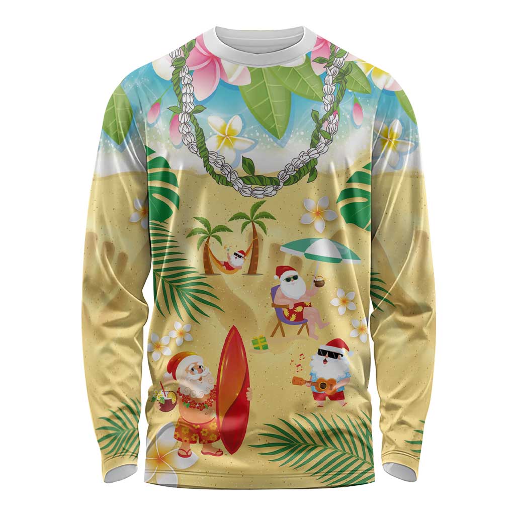 Hawaiian Mele Kalikimaka Long Sleeve Shirt Tropical Plumeria and Lei Funny Santa Beach - Polynesian Pride