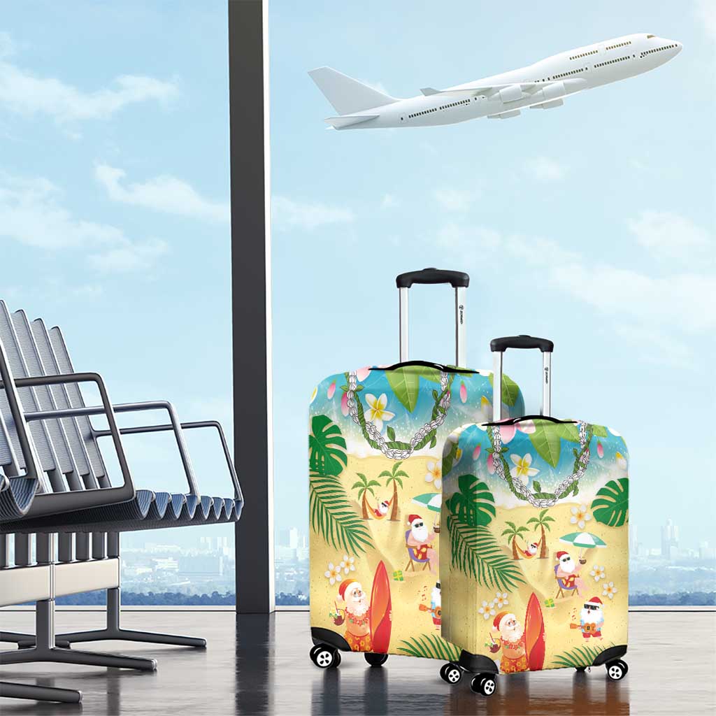 Hawaiian Mele Kalikimaka Luggage Cover Tropical Plumeria and Lei Funny Santa Beach - Polynesian Pride