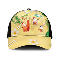 Hawaiian Mele Kalikimaka Mesh Trucker Cap Funny Santa Claus on Beach with Tropical Plants and Lei - Polynesian Pride