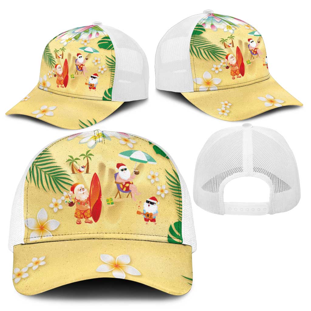Hawaiian Mele Kalikimaka Mesh Trucker Cap Funny Santa Claus on Beach with Tropical Plants and Lei - Polynesian Pride