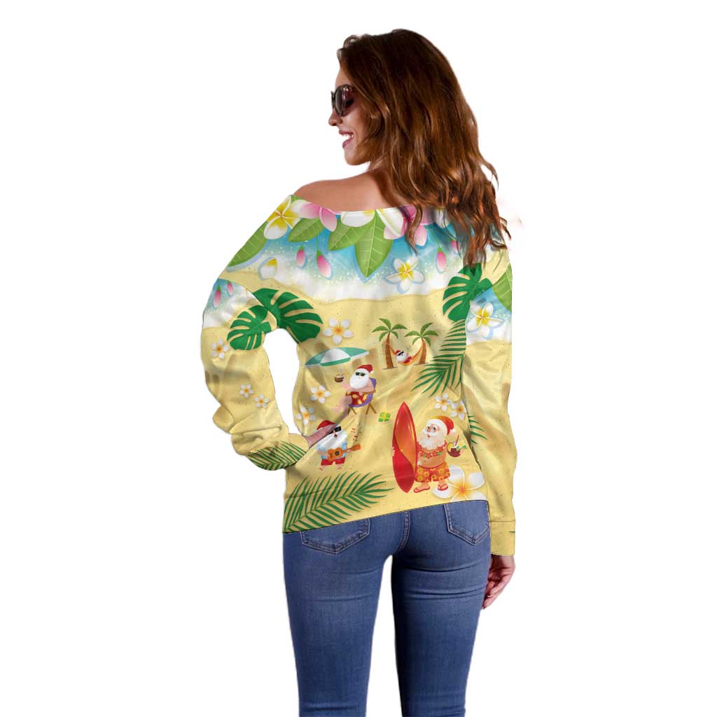 Hawaiian Mele Kalikimaka Off Shoulder Sweater Tropical Plumeria and Lei Funny Santa Beach - Polynesian Pride