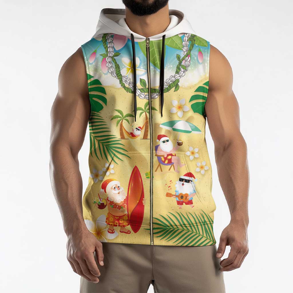 Hawaiian Mele Kalikimaka Sleeveless Zip Hoodie Tropical Plumeria and Lei Funny Santa Beach - Polynesian Pride