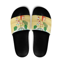 Hawaiian Mele Kalikimaka Slide Sandals Tropical Plumeria and Lei Funny Santa Beach - Polynesian Pride