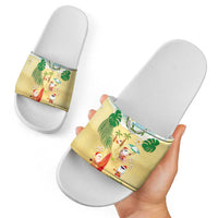 Hawaiian Mele Kalikimaka Slide Sandals Tropical Plumeria and Lei Funny Santa Beach - Polynesian Pride