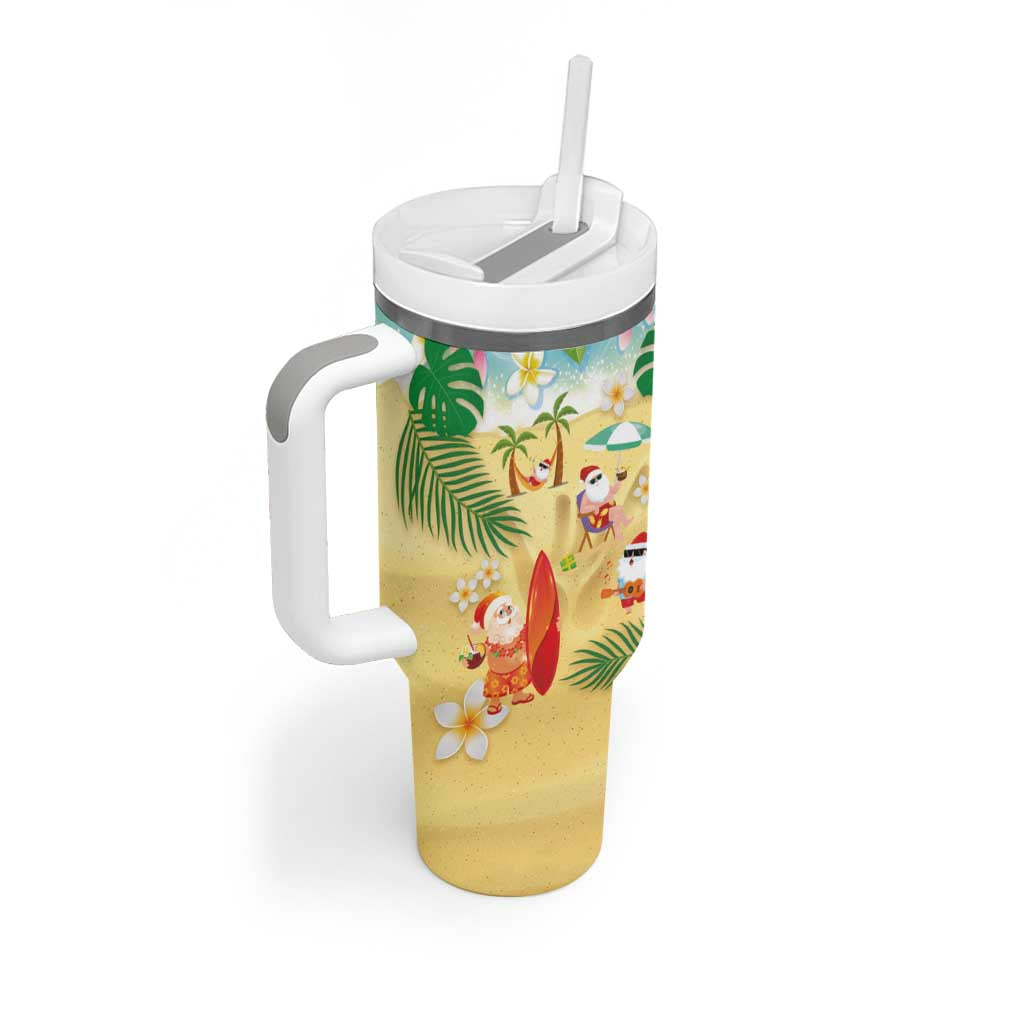 Hawaiian Mele Kalikimaka Tumbler With Handle Tropical Plumeria and Lei Funny Santa Beach - Polynesian Pride