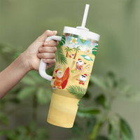 Hawaiian Mele Kalikimaka Tumbler With Handle Tropical Plumeria and Lei Funny Santa Beach - Polynesian Pride