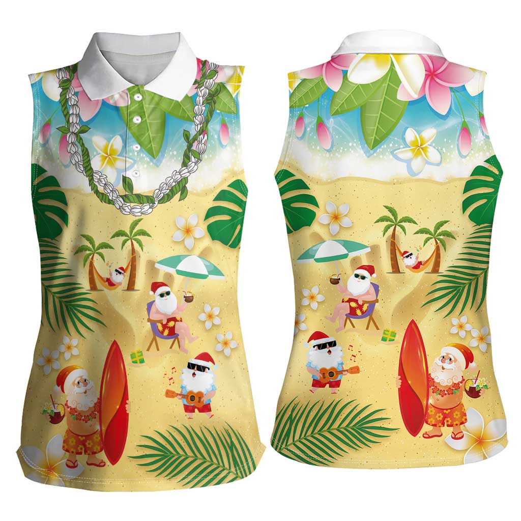 Hawaiian Mele Kalikimaka Women Sleeveless Polo Shirt Tropical Plumeria and Lei Funny Santa Beach - Polynesian Pride