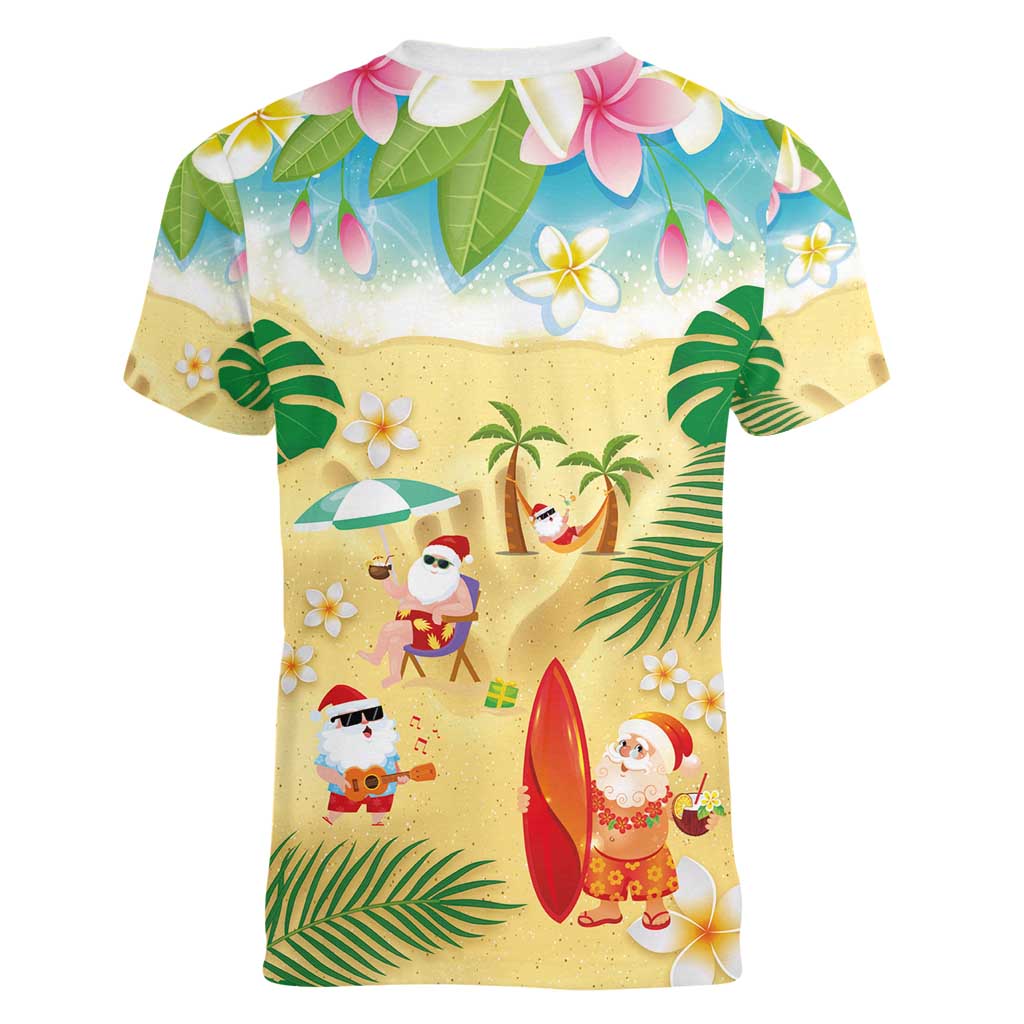 Hawaiian Mele Kalikimaka Women V-Neck T-Shirt Tropical Plumeria and Lei Funny Santa Beach - Polynesian Pride