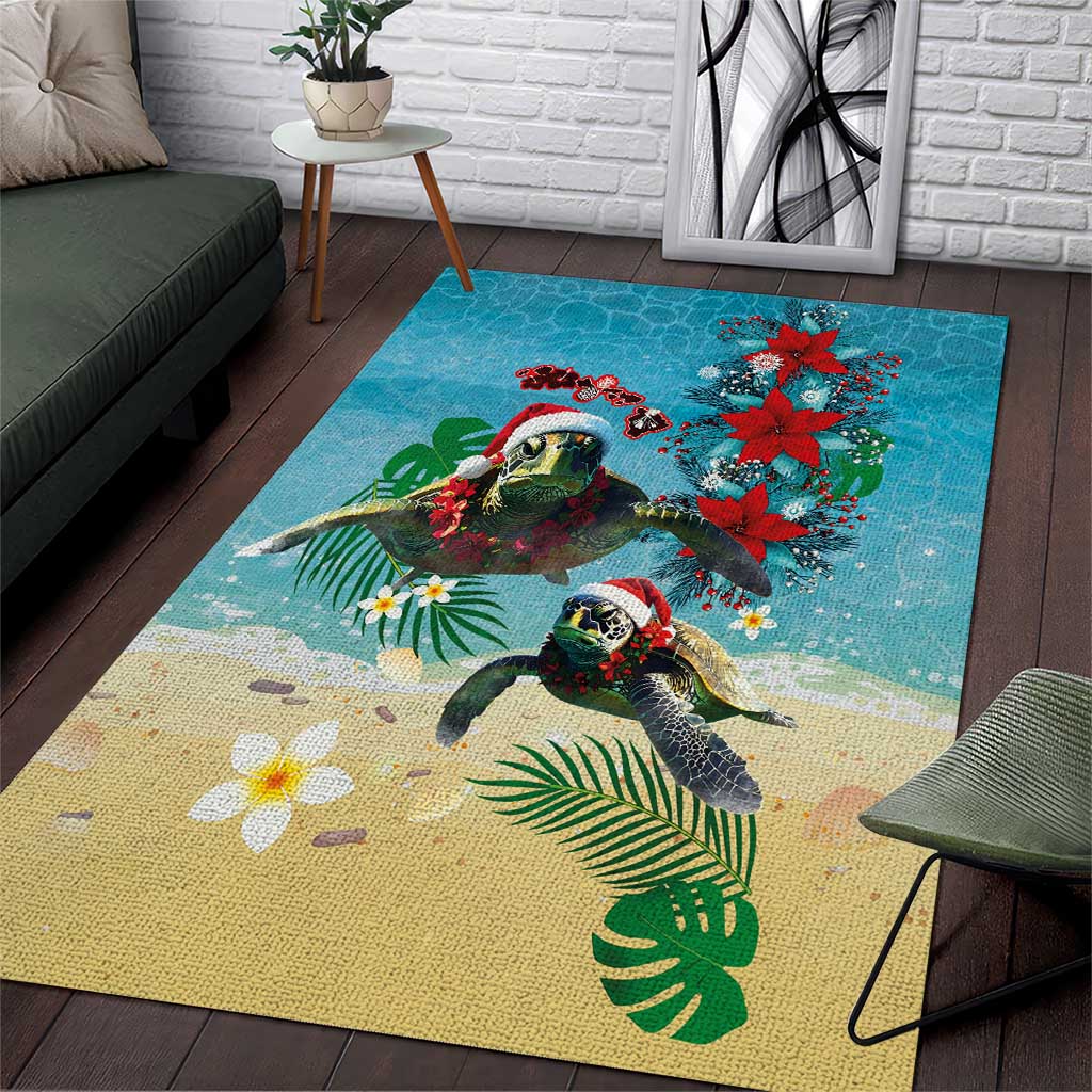 Hawaiian Mele Kalikimaka Area Rug Tropical Xmas Turtles Red Poinsettia Watercolor - Polynesian Pride