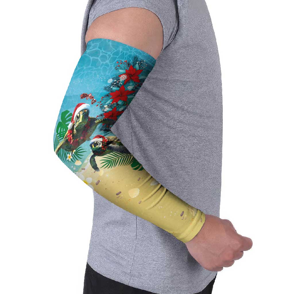 Hawaiian Mele Kalikimaka Arm Sleeves Tropical Xmas Turtles Red Poinsettia Watercolor - Polynesian Pride