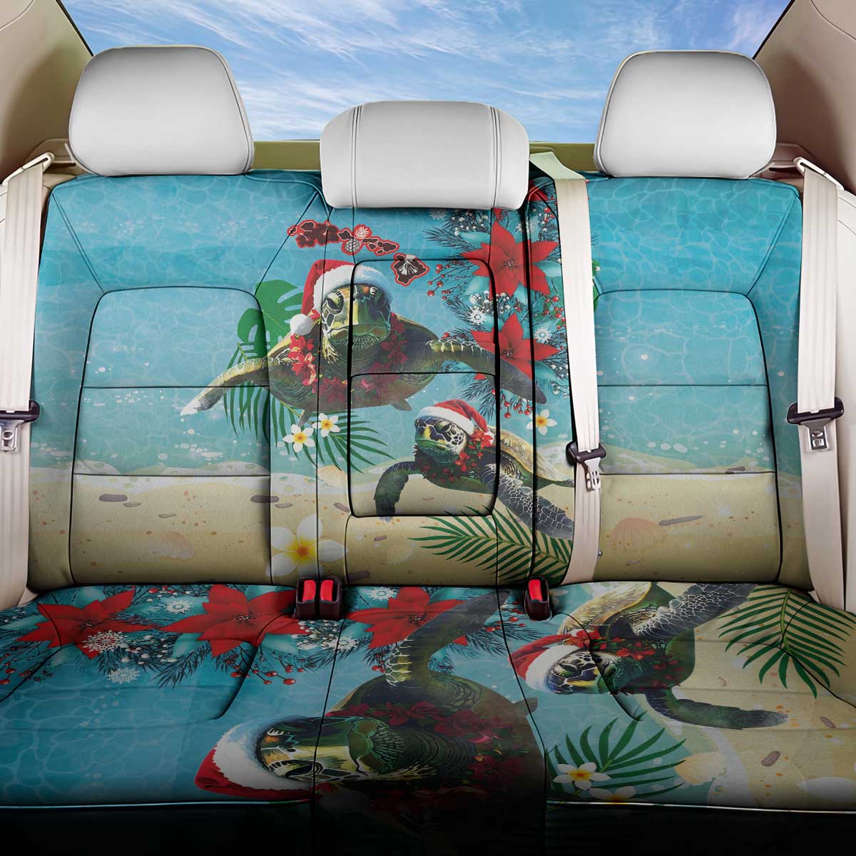 Hawaiian Mele Kalikimaka Back Car Seat Cover Tropical Xmas Turtles Red Poinsettia Watercolor - Polynesian Pride