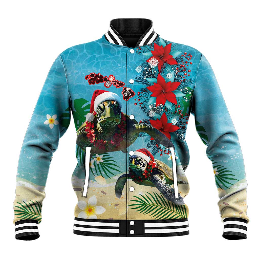 Hawaiian Mele Kalikimaka Baseball Jacket Tropical Xmas Turtles Red Poinsettia Watercolor - Polynesian Pride