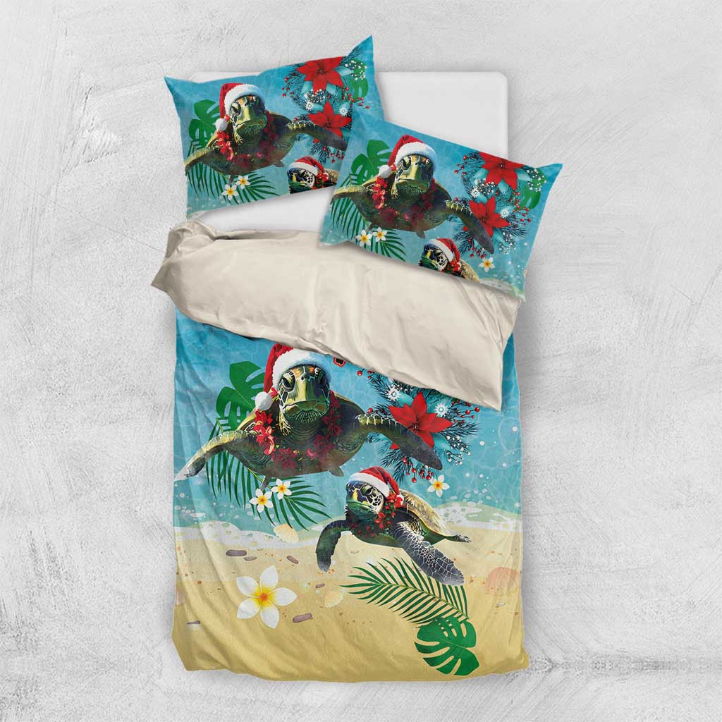 Hawaiian Mele Kalikimaka Bedding Set Tropical Xmas Turtles Red Poinsettia Watercolor - Polynesian Pride