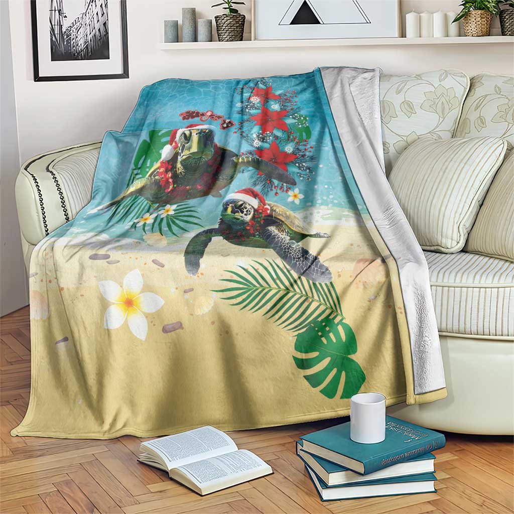 Hawaiian Mele Kalikimaka Blanket Tropical Xmas Turtles Red Poinsettia Watercolor - Polynesian Pride