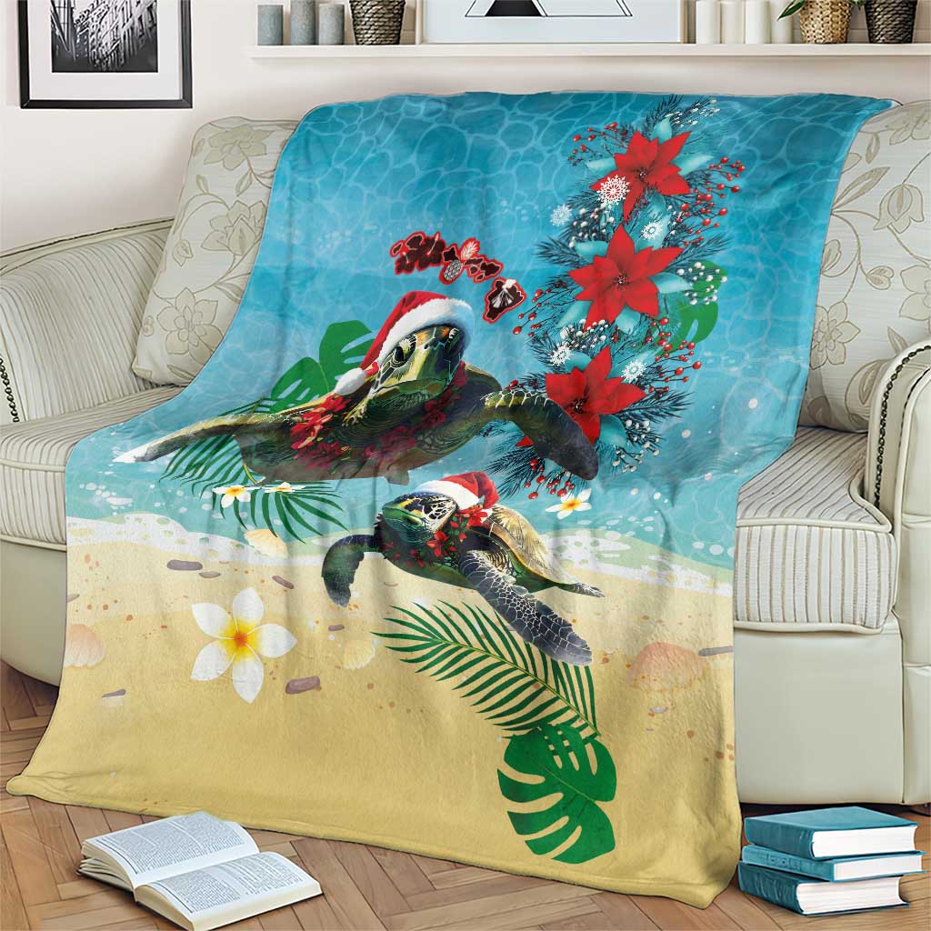 Hawaiian Mele Kalikimaka Blanket Tropical Xmas Turtles Red Poinsettia Watercolor - Polynesian Pride