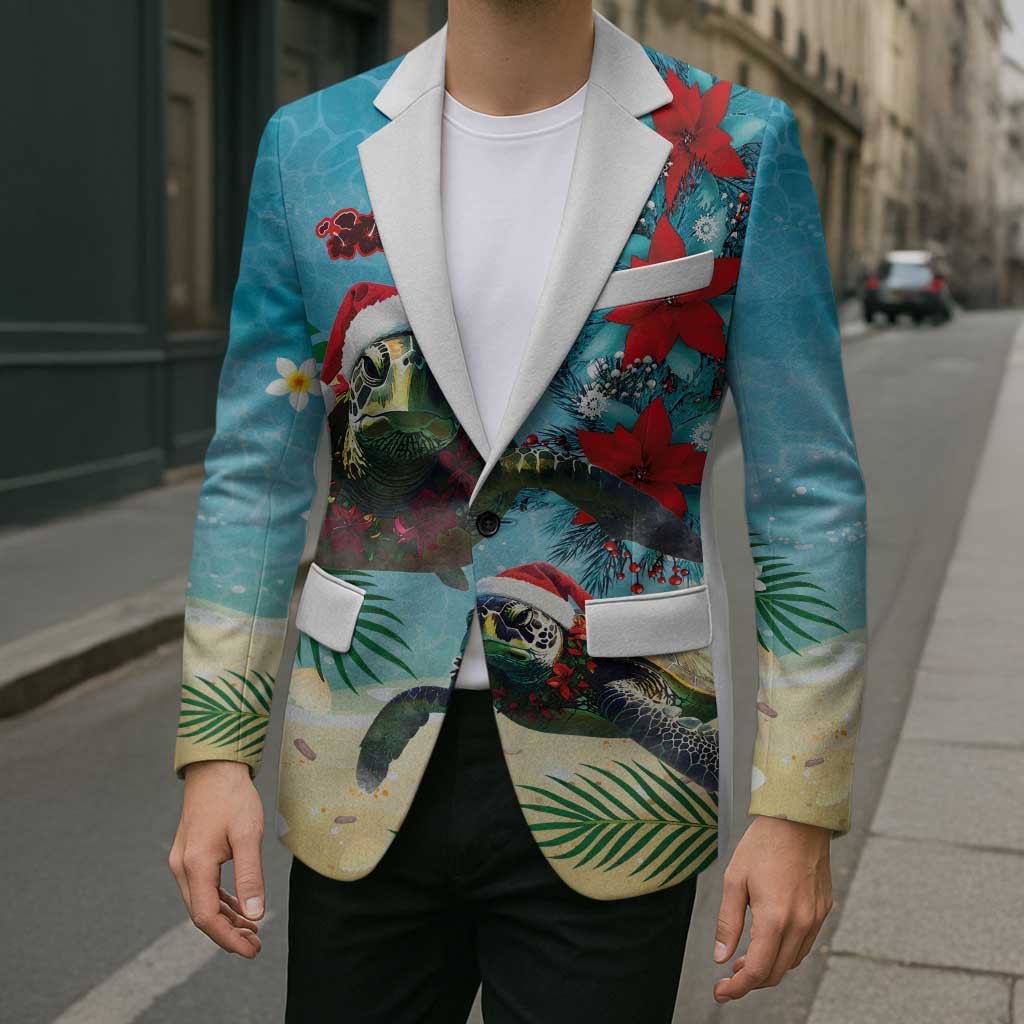 Hawaiian Mele Kalikimaka Blazer Tropical Xmas Turtles Red Poinsettia Watercolor - Polynesian Pride