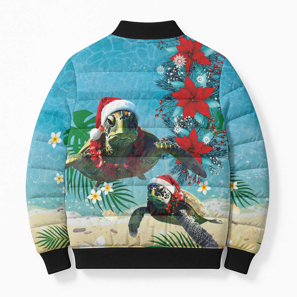 Hawaiian Mele Kalikimaka Bomber Puffer Jacket Tropical Xmas Turtles Red Poinsettia Watercolor - Polynesian Pride