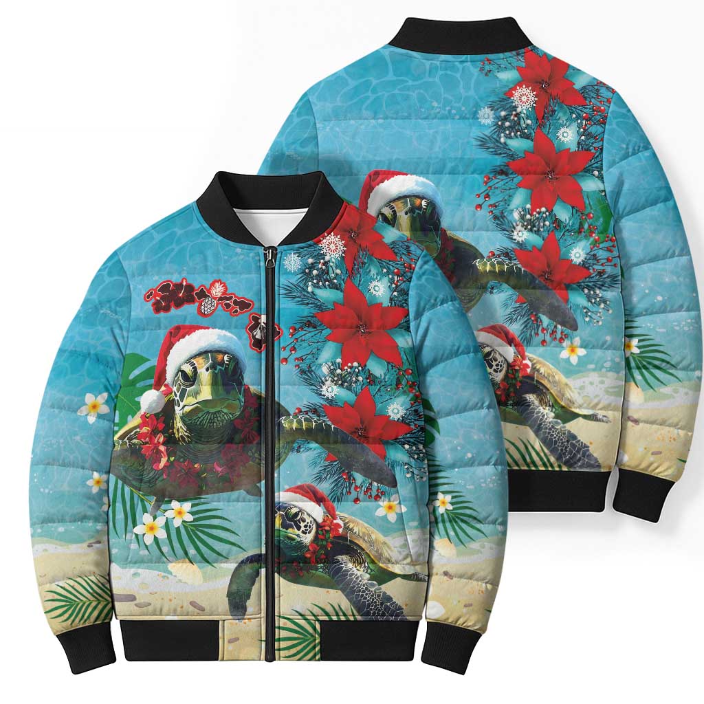 Hawaiian Mele Kalikimaka Bomber Puffer Jacket Tropical Xmas Turtles Red Poinsettia Watercolor - Polynesian Pride
