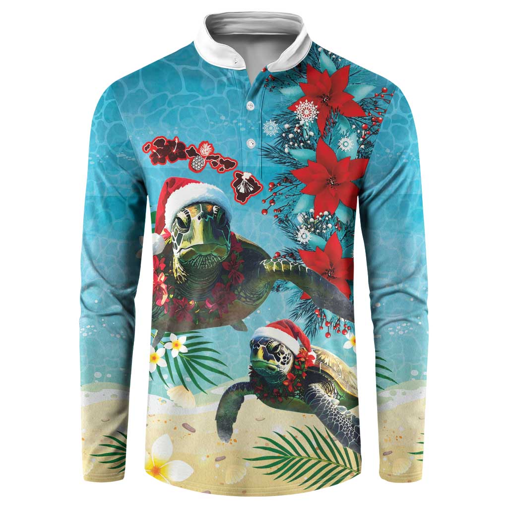 Hawaiian Mele Kalikimaka Button Sweatshirt Tropical Xmas Turtles Red Poinsettia Watercolor - Polynesian Pride