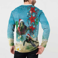 Hawaiian Mele Kalikimaka Button Sweatshirt Tropical Xmas Turtles Red Poinsettia Watercolor - Polynesian Pride