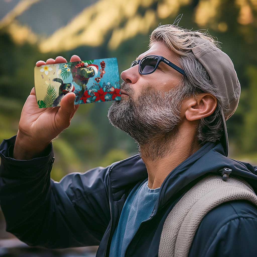 Hawaiian Mele Kalikimaka 4 in 1 Can Cooler Tumbler Tropical Xmas Turtles Red Poinsettia Watercolor - Polynesian Pride