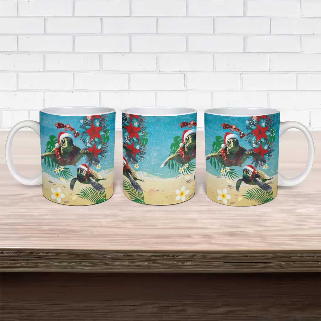 Hawaiian Mele Kalikimaka Ceramic Mug Tropical Xmas Turtles Red Poinsettia Watercolor - Polynesian Pride