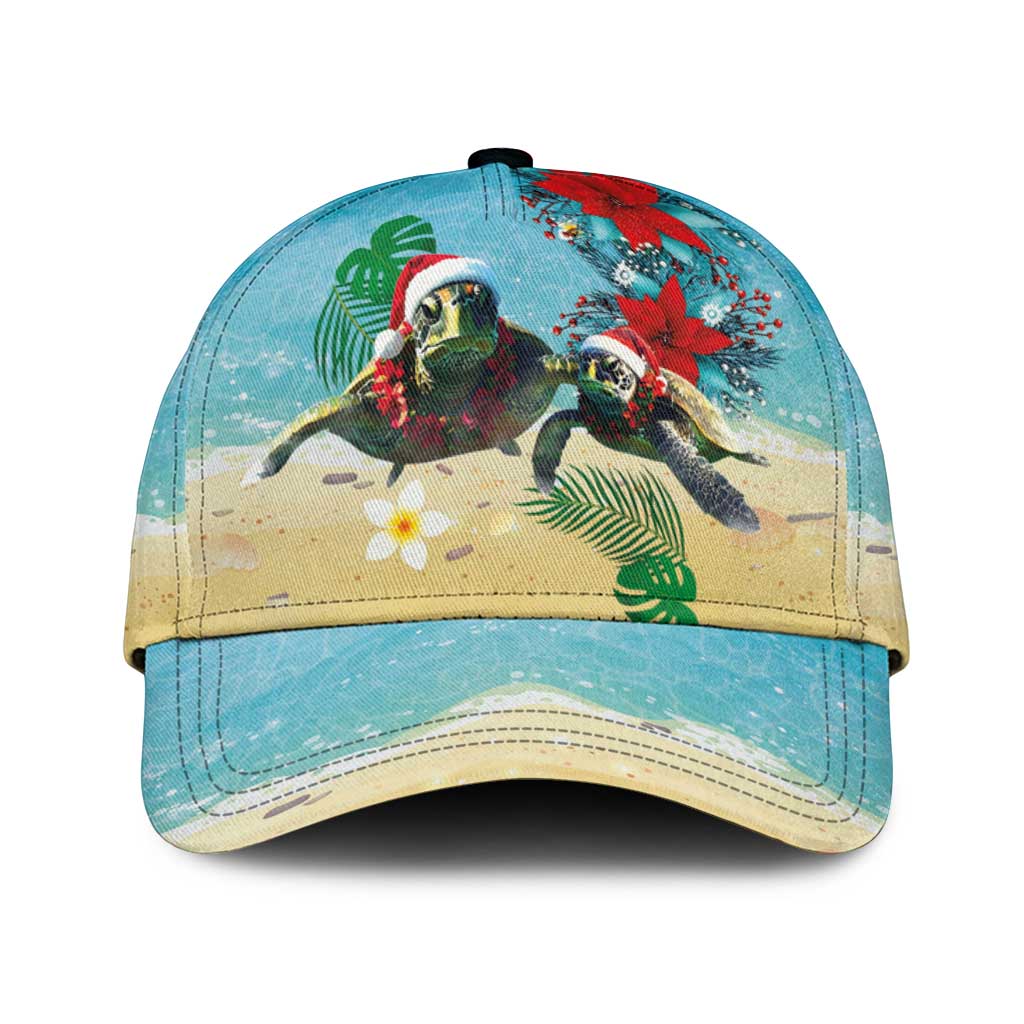 Hawaiian Mele Kalikimaka Classic Cap Xmas Turtles and Tropical Plants with Red Poinsettia Watercolor Style - Polynesian Pride