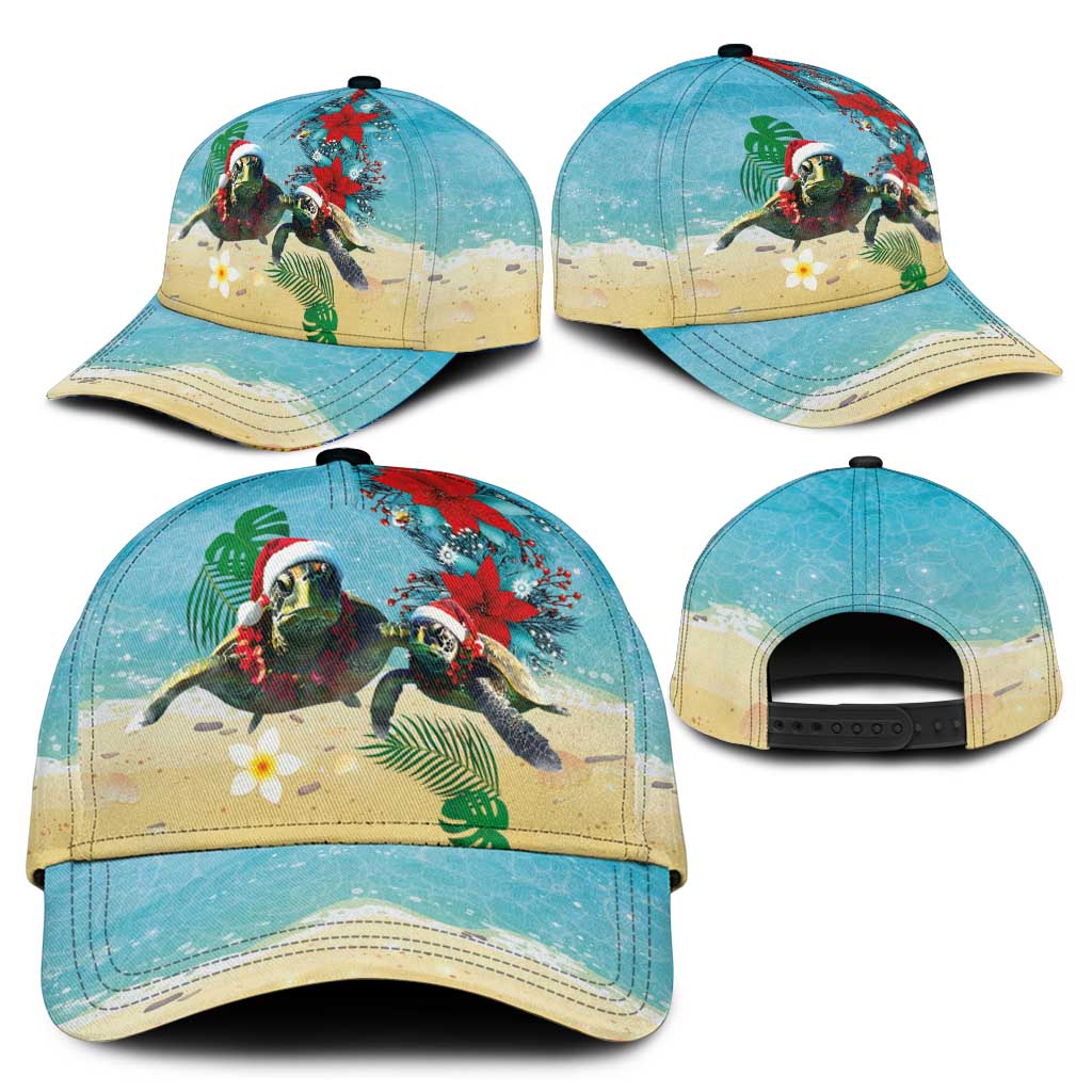 Hawaiian Mele Kalikimaka Classic Cap Xmas Turtles and Tropical Plants with Red Poinsettia Watercolor Style - Polynesian Pride