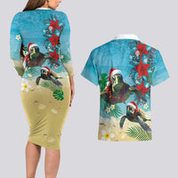 Hawaiian Mele Kalikimaka Couples Matching Long Sleeve Bodycon Dress and Hawaiian Shirt Tropical Xmas Turtles Red Poinsettia Watercolor - Polynesian Pride