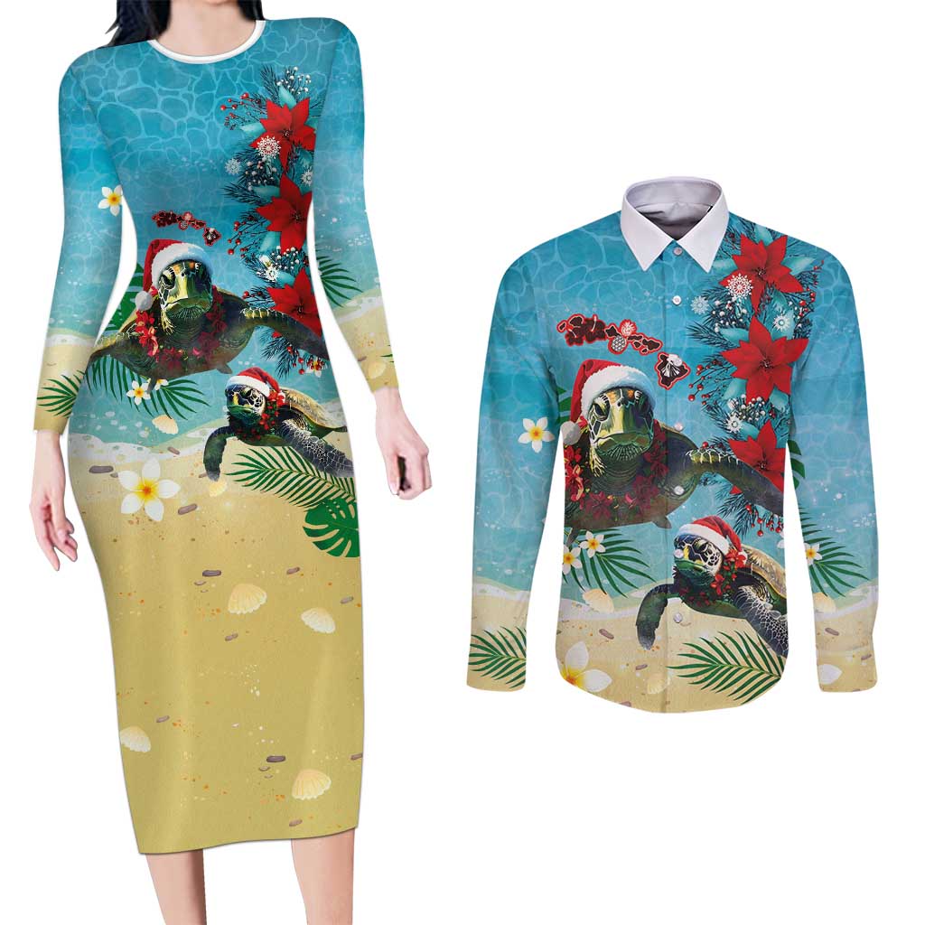 Hawaiian Mele Kalikimaka Couples Matching Long Sleeve Bodycon Dress and Long Sleeve Button Shirt Tropical Xmas Turtles Red Poinsettia Watercolor - Polynesian Pride