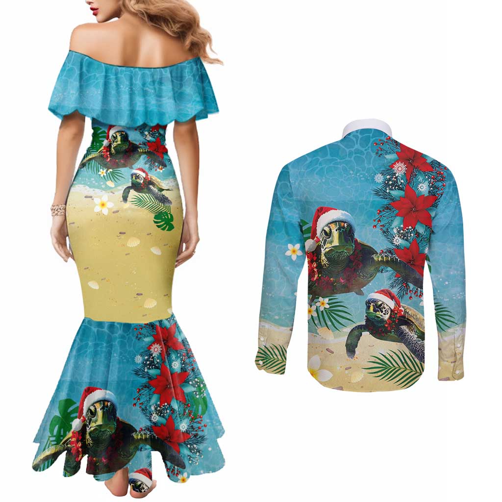 Hawaiian Mele Kalikimaka Couples Matching Mermaid Dress and Long Sleeve Button Shirt Tropical Xmas Turtles Red Poinsettia Watercolor - Polynesian Pride