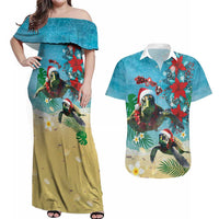 Hawaiian Mele Kalikimaka Couples Matching Off Shoulder Maxi Dress and Hawaiian Shirt Tropical Xmas Turtles Red Poinsettia Watercolor - Polynesian Pride