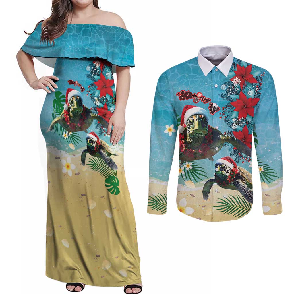 Hawaiian Mele Kalikimaka Couples Matching Off Shoulder Maxi Dress and Long Sleeve Button Shirt Tropical Xmas Turtles Red Poinsettia Watercolor - Polynesian Pride