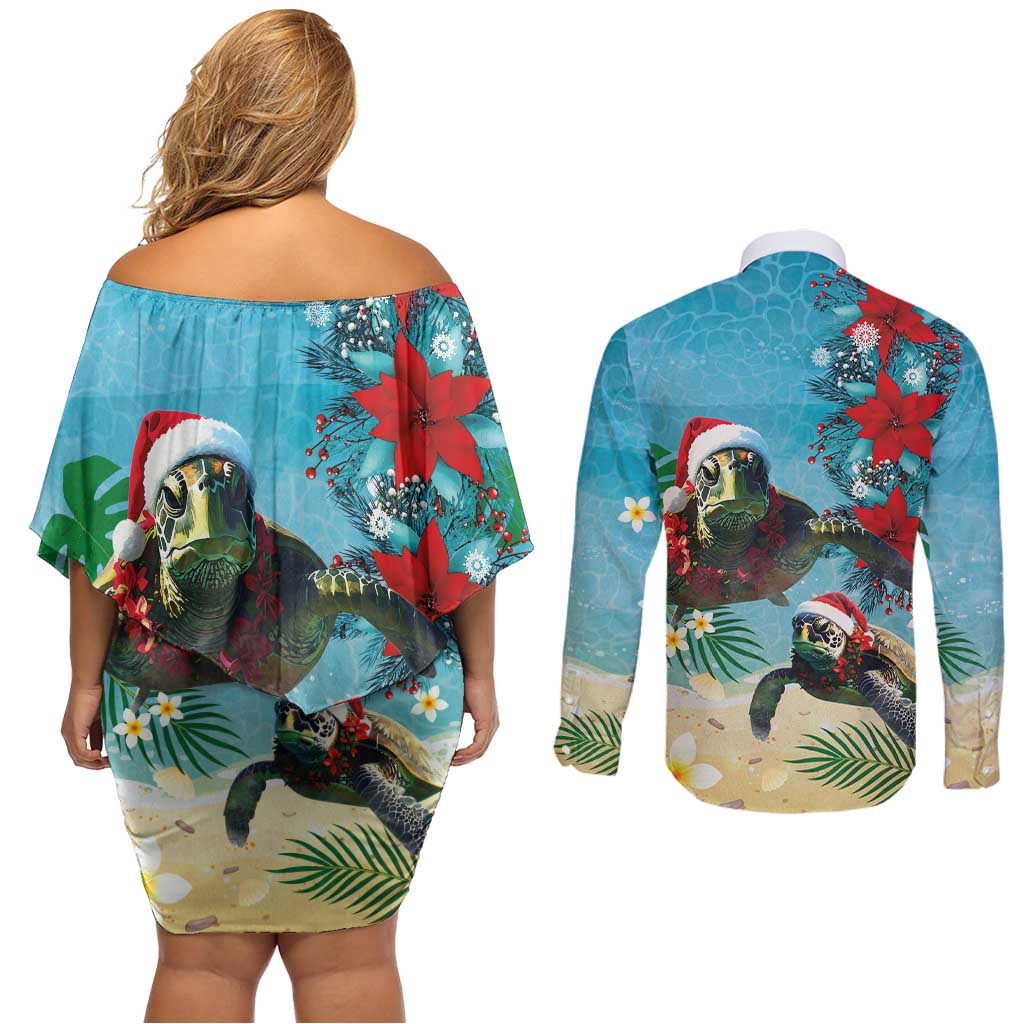 Hawaiian Mele Kalikimaka Couples Matching Off Shoulder Short Dress and Long Sleeve Button Shirt Tropical Xmas Turtles Red Poinsettia Watercolor - Polynesian Pride