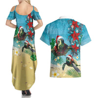 Hawaiian Mele Kalikimaka Couples Matching Summer Maxi Dress and Hawaiian Shirt Tropical Xmas Turtles Red Poinsettia Watercolor - Polynesian Pride