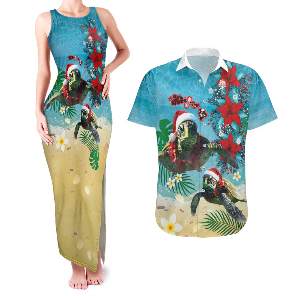 Hawaiian Mele Kalikimaka Couples Matching Tank Maxi Dress and Hawaiian Shirt Tropical Xmas Turtles Red Poinsettia Watercolor - Polynesian Pride