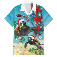 Hawaiian Mele Kalikimaka Family Matching Long Sleeve Bodycon Dress and Hawaiian Shirt Tropical Xmas Turtles Red Poinsettia Watercolor - Polynesian Pride