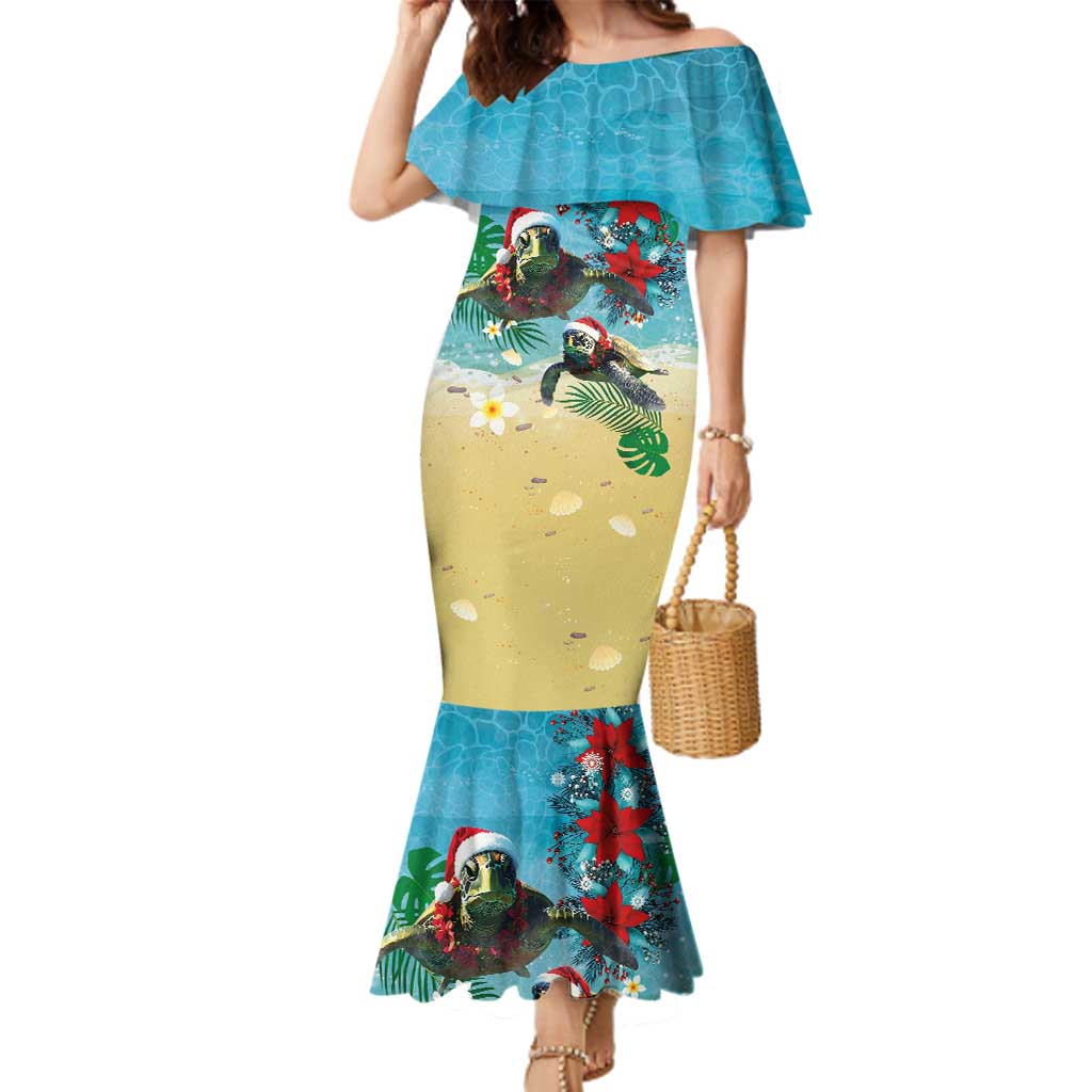 Hawaiian Mele Kalikimaka Family Matching Mermaid Dress and Hawaiian Shirt Tropical Xmas Turtles Red Poinsettia Watercolor - Polynesian Pride