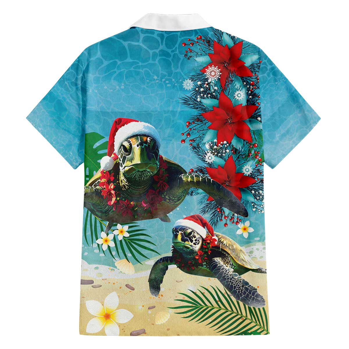 Hawaiian Mele Kalikimaka Family Matching Off The Shoulder Long Sleeve Dress and Hawaiian Shirt Tropical Xmas Turtles Red Poinsettia Watercolor - Polynesian Pride