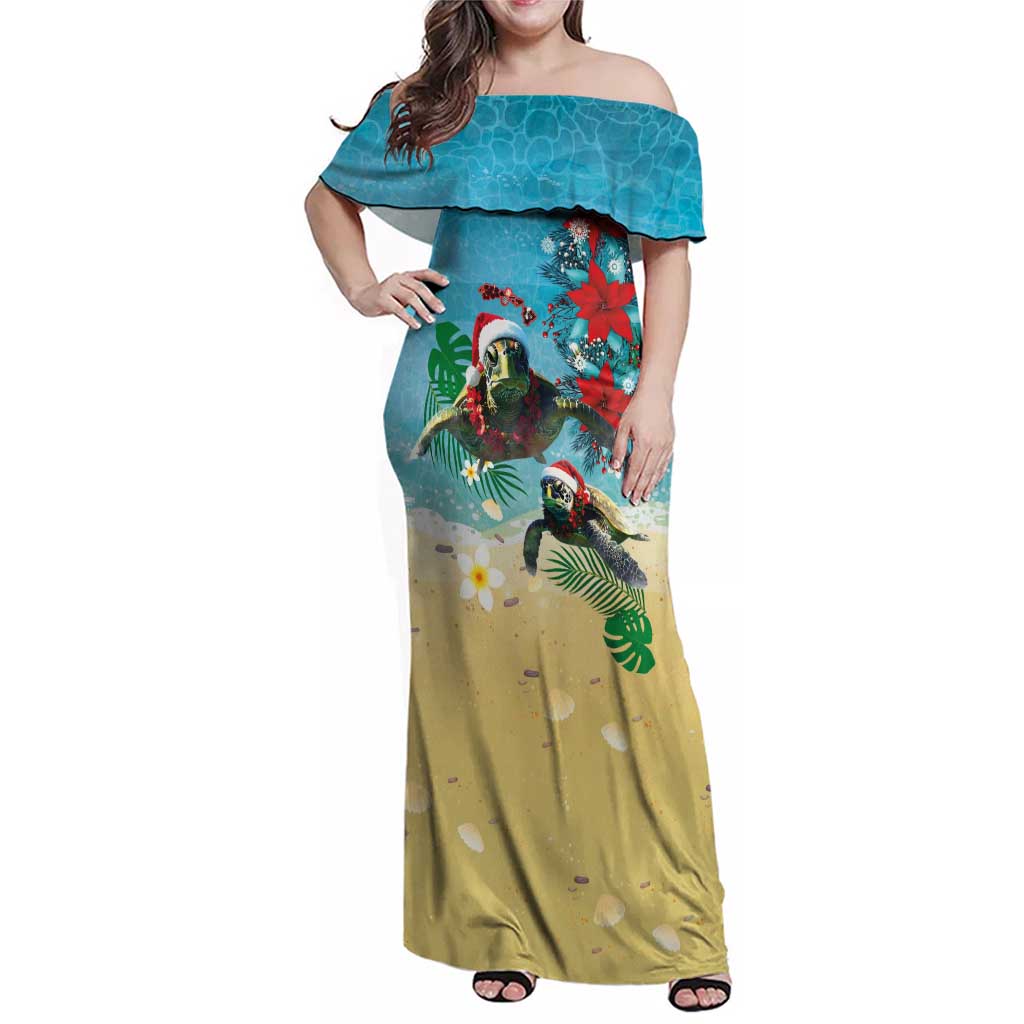 Hawaiian Mele Kalikimaka Family Matching Off Shoulder Maxi Dress and Hawaiian Shirt Tropical Xmas Turtles Red Poinsettia Watercolor - Polynesian Pride