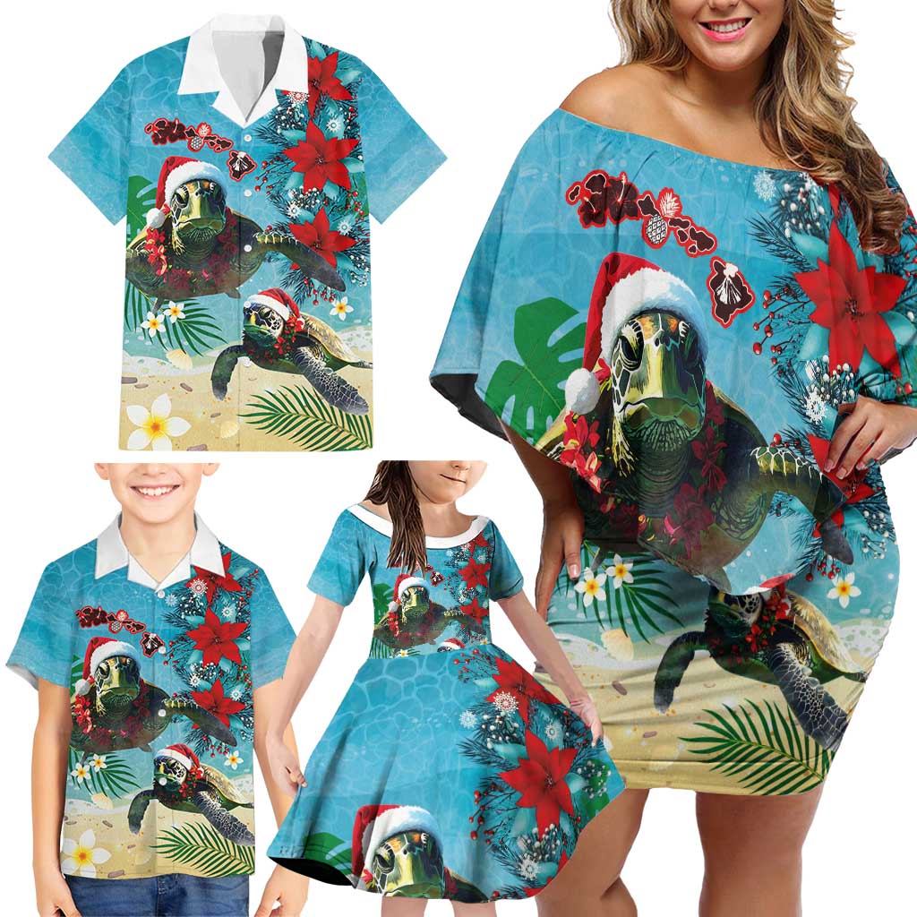Hawaiian Mele Kalikimaka Family Matching Off Shoulder Short Dress and Hawaiian Shirt Tropical Xmas Turtles Red Poinsettia Watercolor - Polynesian Pride