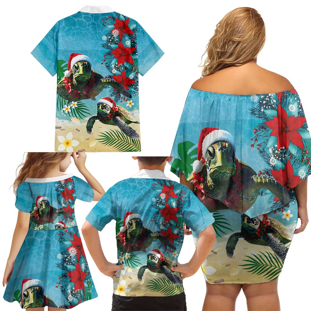 Hawaiian Mele Kalikimaka Family Matching Off Shoulder Short Dress and Hawaiian Shirt Tropical Xmas Turtles Red Poinsettia Watercolor - Polynesian Pride