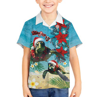 Hawaiian Mele Kalikimaka Family Matching Off Shoulder Short Dress and Hawaiian Shirt Tropical Xmas Turtles Red Poinsettia Watercolor - Polynesian Pride