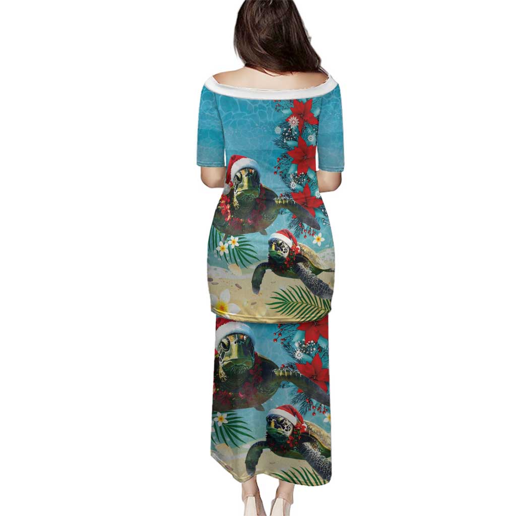 Hawaiian Mele Kalikimaka Family Matching Puletasi and Hawaiian Shirt Tropical Xmas Turtles Red Poinsettia Watercolor - Polynesian Pride