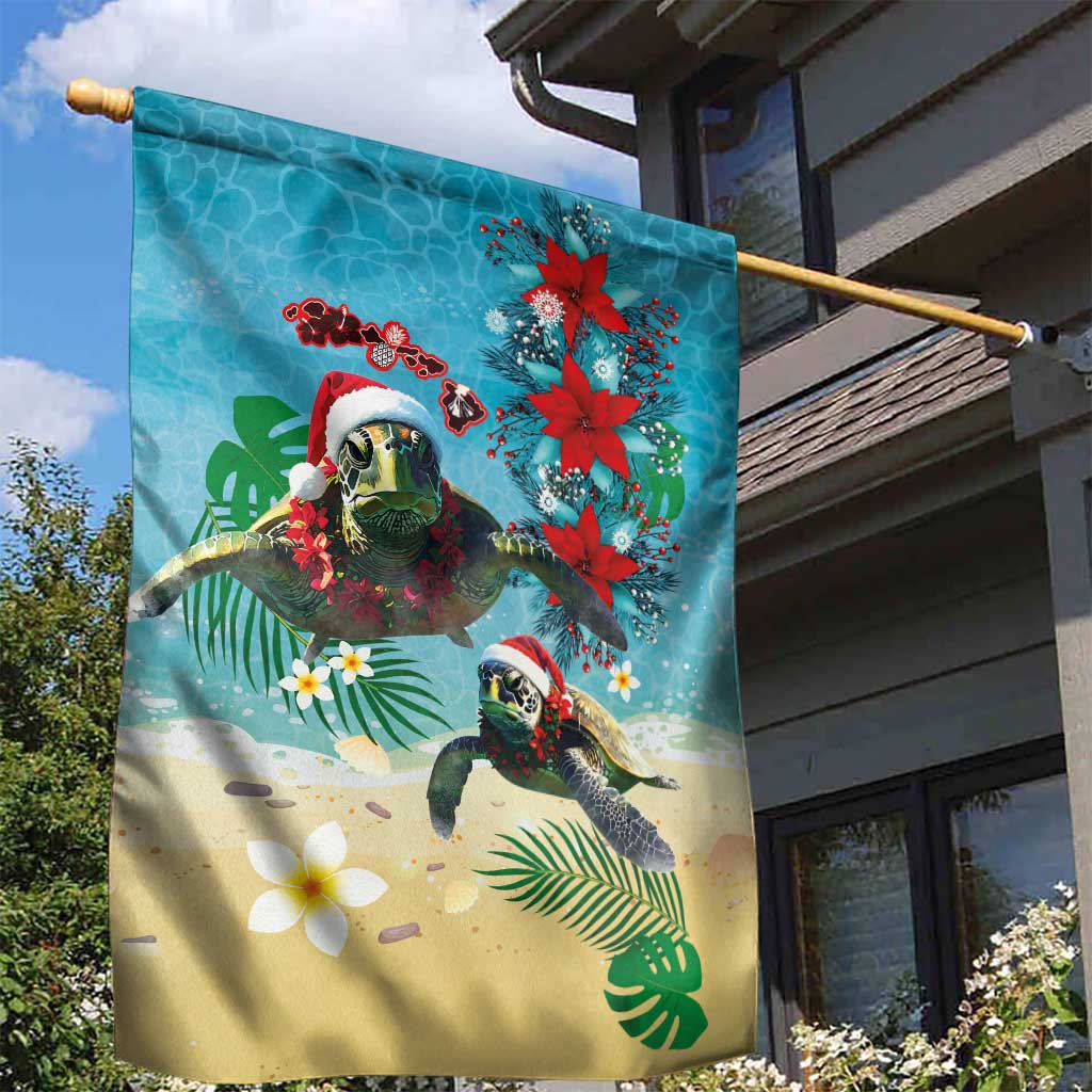 Hawaiian Mele Kalikimaka Garden Flag Tropical Xmas Turtles Red Poinsettia Watercolor - Polynesian Pride